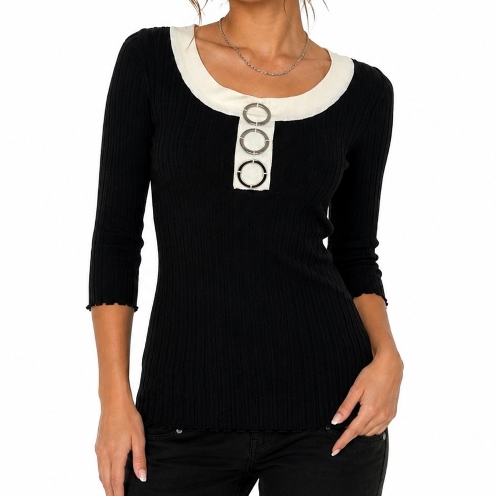 Y2K August Silk Womens Black Cream Ribbed Knit Silk Blend Scoop Neck Sweater L